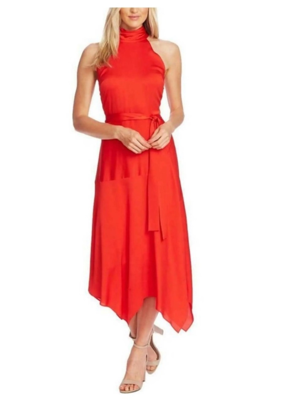Vince Camuto Red High-Neck Asymmetrical Hem Dress